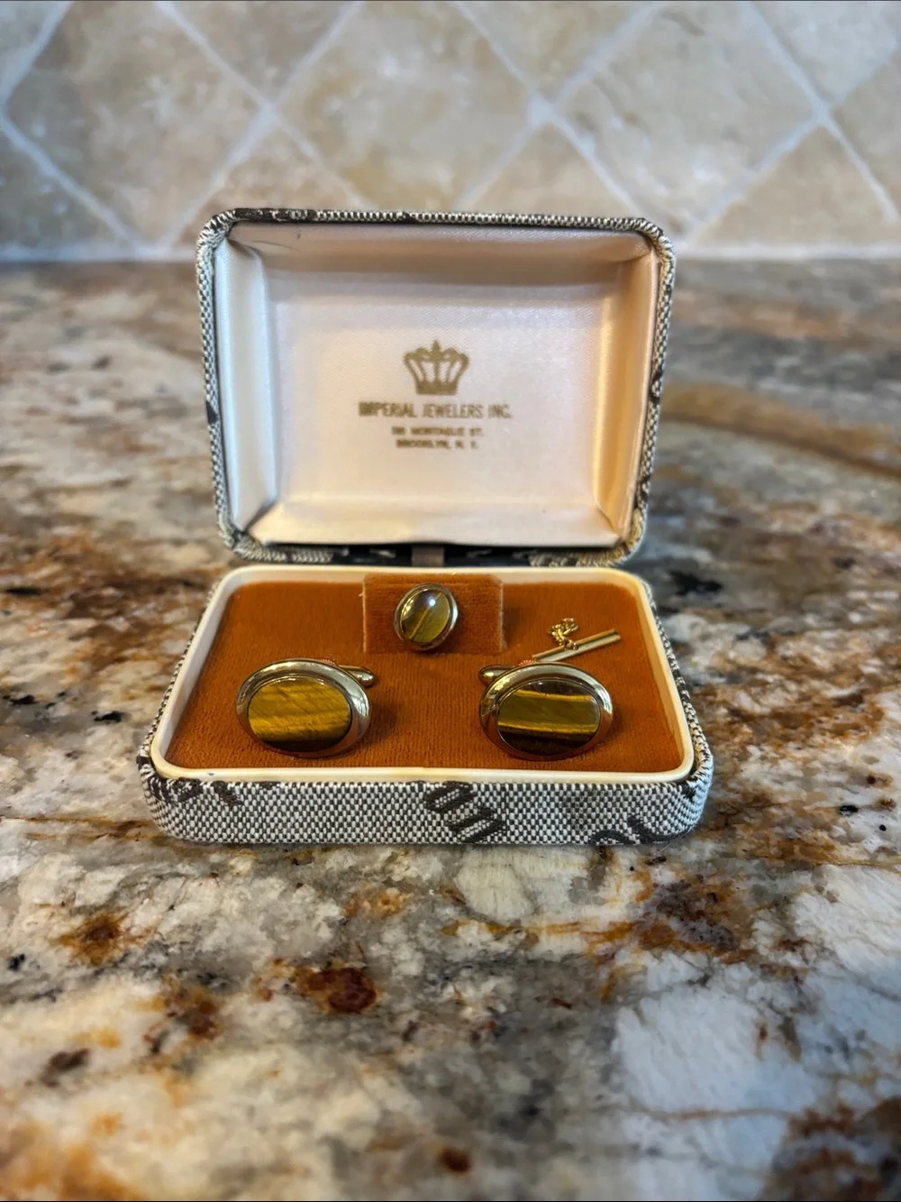 Vintage Imperial Jewelers Men's Tiger Eye Cufflinks and Tie Tack Set